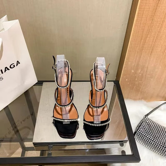 2025 Summer New Square Toe Open Toe Rhinestone