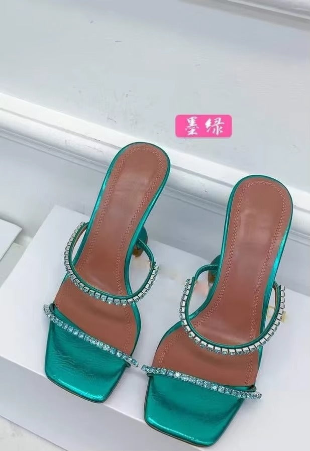 2025 Summer New Square Toe Open Toe Rhinestone