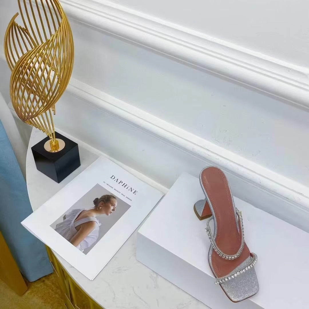 2025 Summer New Square Toe Open Toe Rhinestone