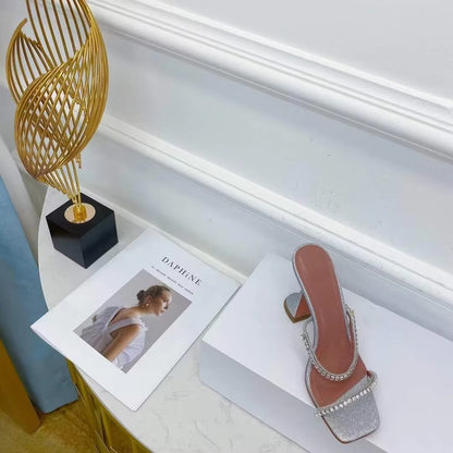 2025 Summer New Square Toe Open Toe Rhinestone