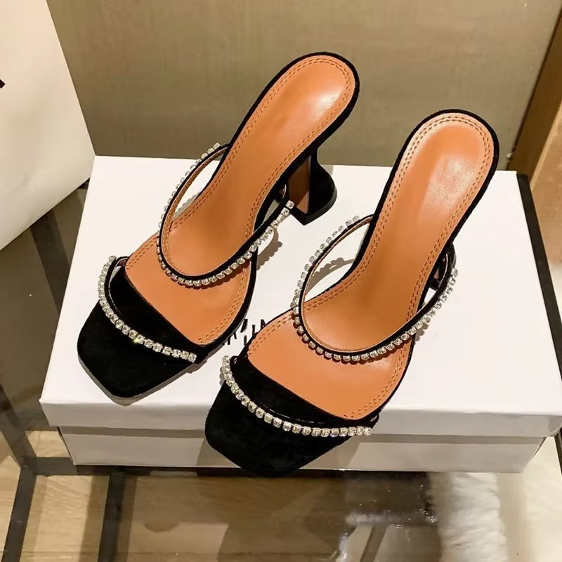 2025 Summer New Square Toe Open Toe Rhinestone