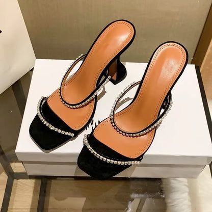 2025 Summer New Square Toe Open Toe Rhinestone