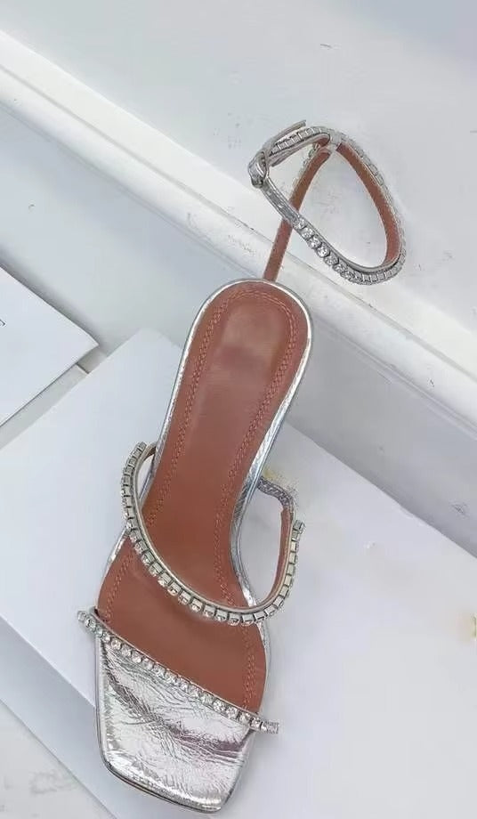 2025 Summer New Square Toe Open Toe Rhinestone