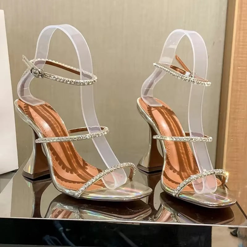 2025 Summer New Square Toe Open Toe Rhinestone