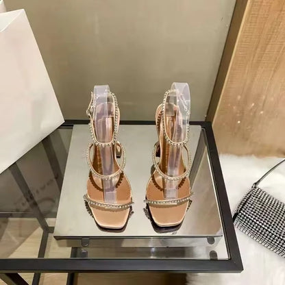 2025 Summer New Square Toe Open Toe Rhinestone