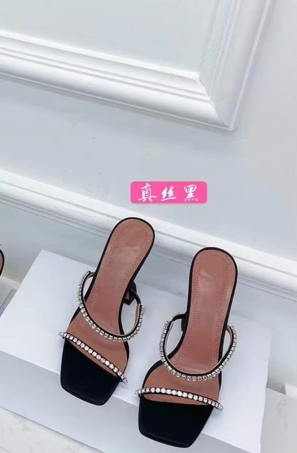 2025 Summer New Square Toe Open Toe Rhinestone