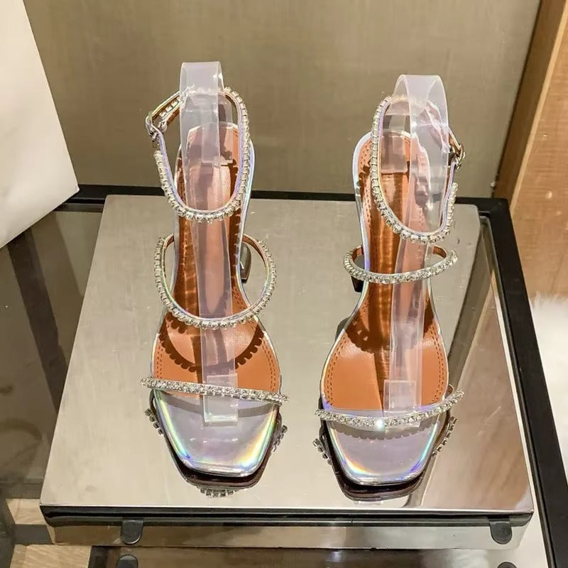 2025 Summer New Square Toe Open Toe Rhinestone