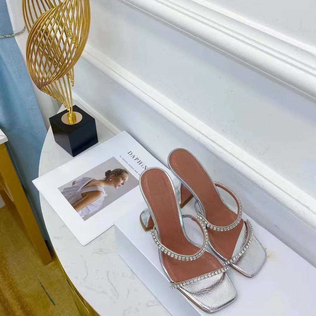 2025 Summer New Square Toe Open Toe Rhinestone